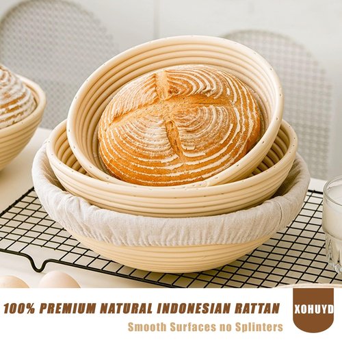 Banneton Bread Proofing Basket, XOHUYD Sourdough Bread Baking Supplies, 9" Round Sourdough Starter Kit, Bread Baking Supplies with Sling, Baking Mat, Natural Rattan Proofing Baskets Set of 2