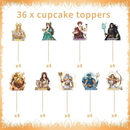 Greek Mythology Party Decorations - 36 Pcs Cupcake Toppers with 9 Unique Designs for Toga Celebrations