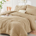 HYMOKEGE King Size Comforter Set - Luxury Seersucker 7-Piece Bedding Set in Khaki | All-Season Comfort