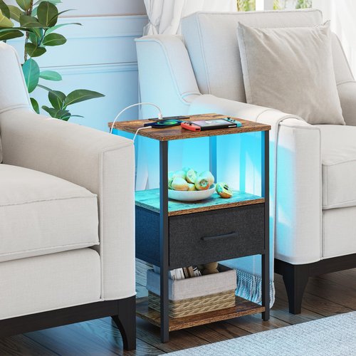 TUTOTAK LED Nightstand Set of 2, Night Stand with Charging Station, End Table, Bedside Table with Fabric Drawer, Side Table for Livingroom and Bedroom, Brown TB01BB0692L