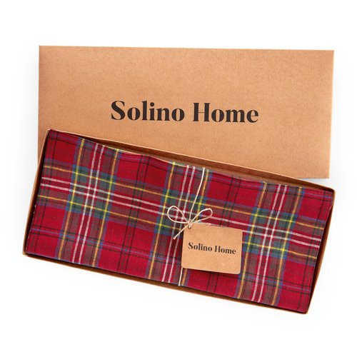 Solino Home Linen Table Runner 108 Inches Long - 100% Pure Linen Red Classic Tartan Plaid Table Runner 14 x 108 Inch for Dining