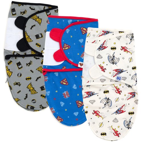 DC Comics Justice League Batman Superman The Flash Newborn Baby Boys 3 Pack Swaddle Sacks Gray/Blue White 6-9 Months