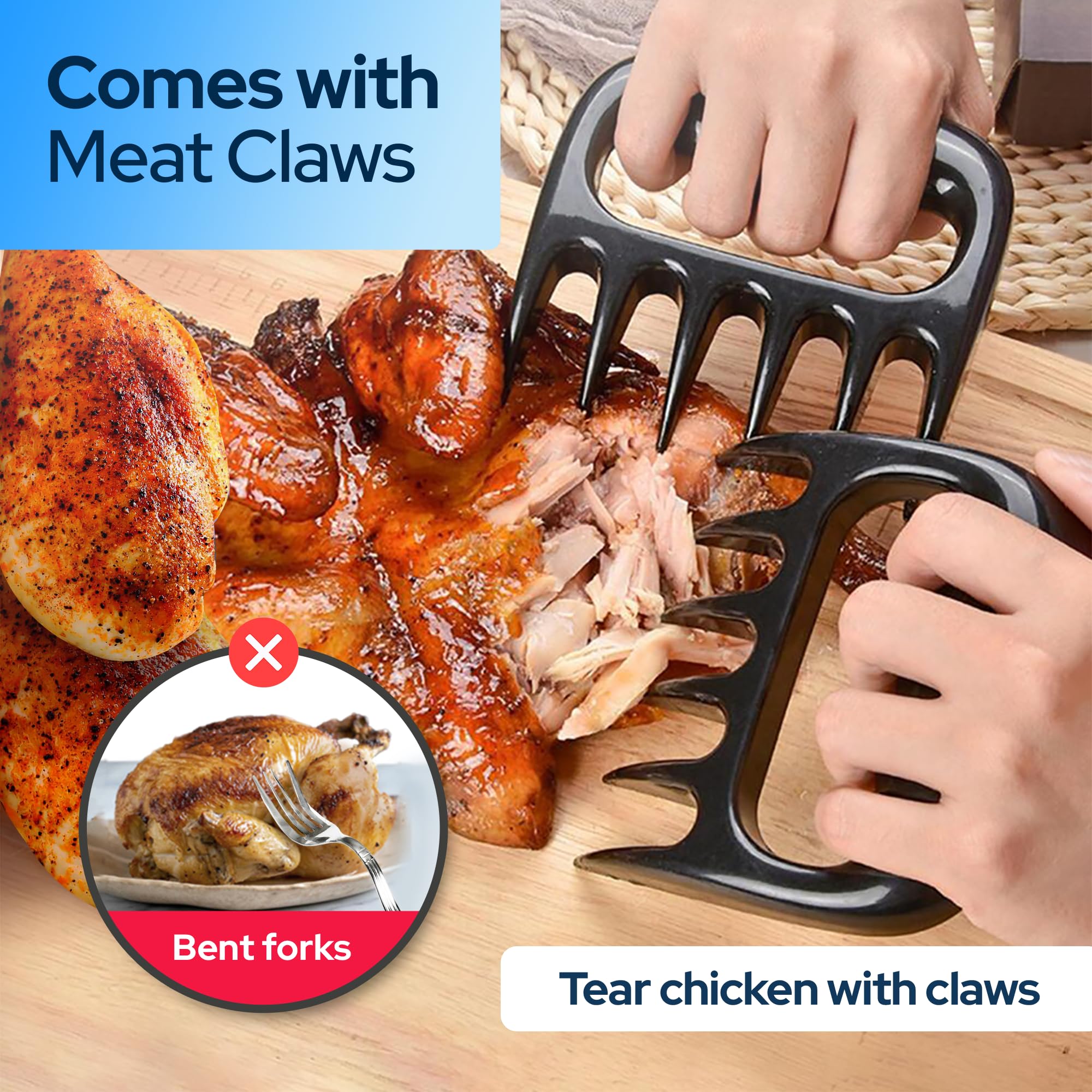 VERSALINES 3 Layer Pro Chicken Shredder with Removable Tray, Meat Claws, Brush - 10'' Chicken Breast Shredder Tool Twist, Meat Grinder Machine, Meat Shredder, Anti-Slip - For Chicken Beef Pork Veg