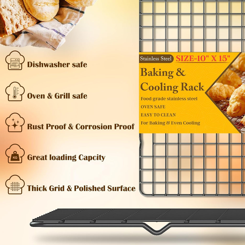 Skiennix 2PCS Cooling Racks - Heavy Duty Stainless Steel Wire for Baking & Grilling | 10" x 15" - Oven & Dishwasher Safe (Black)