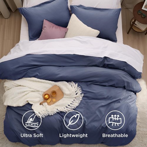 Bedsure Navy Blue Duvet Cover Set - Soft Prewashed Cotton-Like Polyester, Queen Size 3 Pieces with Zipper Closure (90x90 inches)