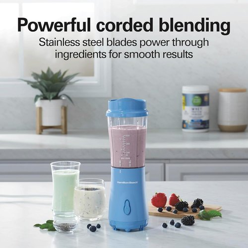 Hamilton Beach Portable Blender - 14 Oz BPA-Free Travel Cup & Lid, Durable Stainless Steel Blades, Tranquil Blue
