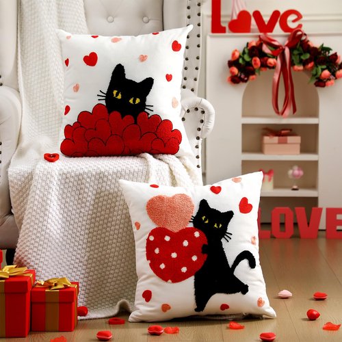 Mindsoft 2 Pcs Valentines Day Pillow Covers 18 x 18 Inch Embroidery Cushion Covers Red Heart Throw Pillowcase Cute Black Cat Pillow Cover Valentine Home Decor for Chair Sofa Bedroom Living Room