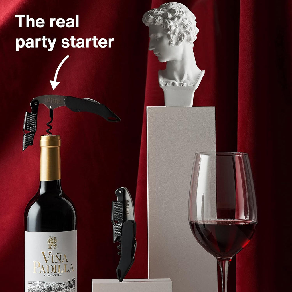 Vintorio Professional Waiters Corkscrew - Wine Key with Ergonomic Rubber Grip, Beer Bottle Opener and Foil Cutter (1 Pack)