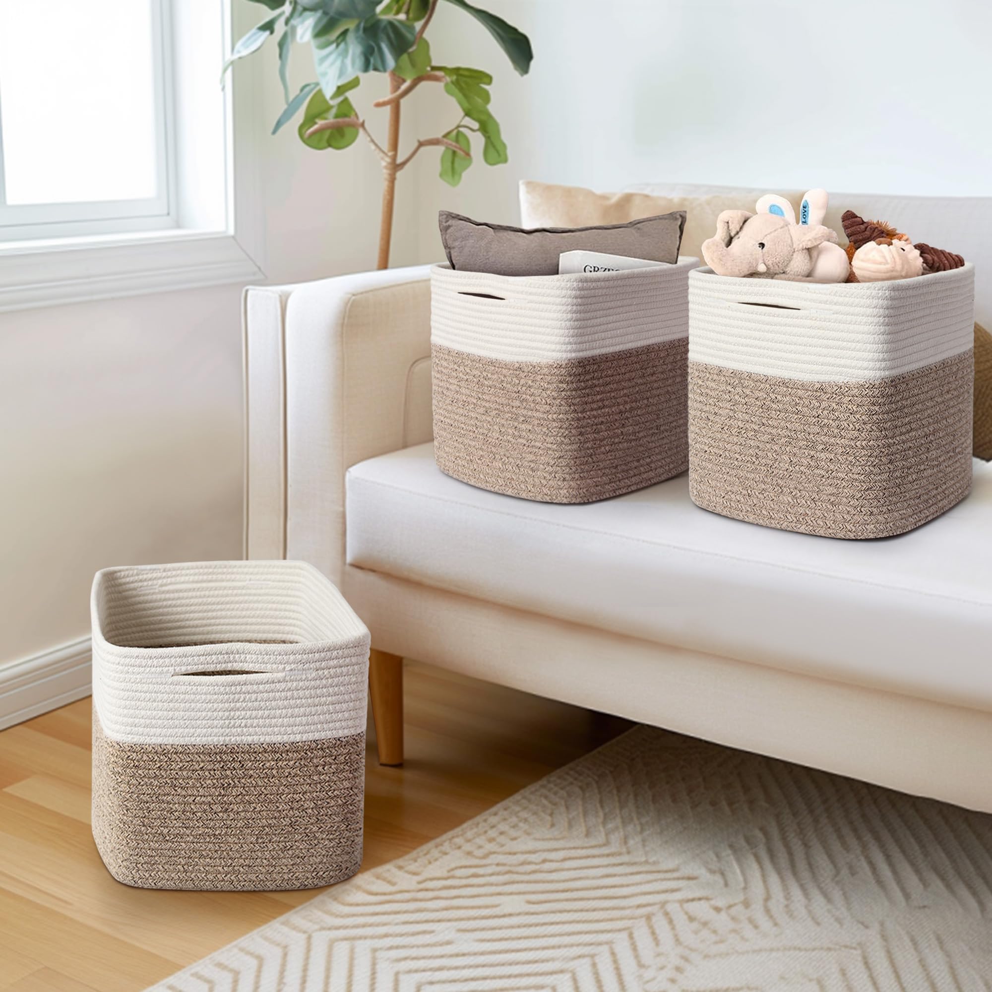 WILLITAT 13x13x13 inch Cube Storage Bin, 3-Pack Woven Cotton Rope Baskets for Organizing, 13 inch Square Storage Cubes for Shelves, Cute Kids Toy Bin Box, Baby Nursery Decorative Closet Organizer