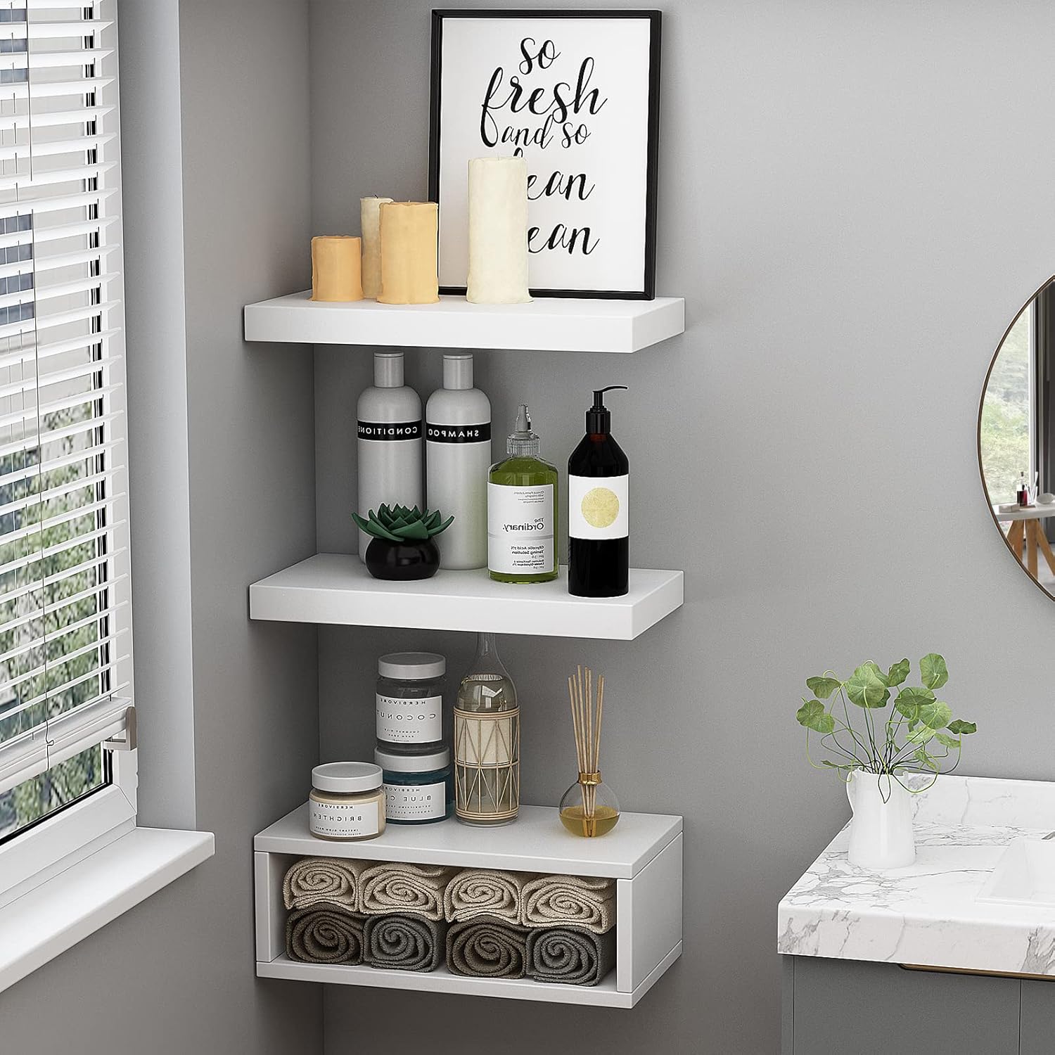 RANK Bathroom Shelves - Wall Mounted Floating Toilet Paper Storage | Set of 3 White 16-Inch Decor