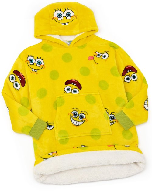 SPONGEBOB SQUAREPANTS Kids Wearable Hooded Blanket | Boys & Girls Yellow All Over Print Fleece Hoodie | Cozy Loungewear