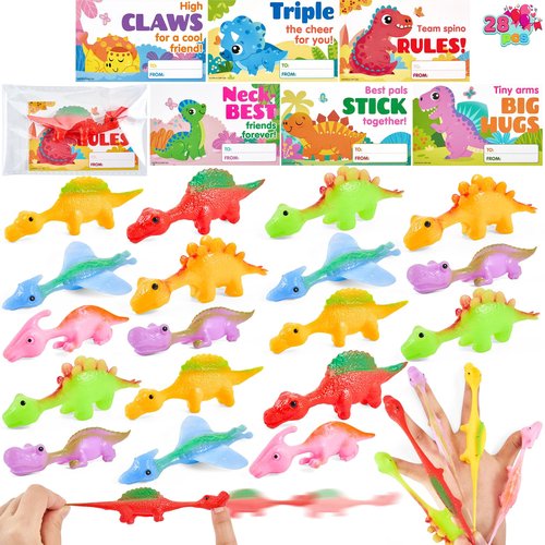 JOYIN 28 Pcs Valentine's Day Slingshot Dinosaur Toys with Cards, Strentchy Multi-Color Dinosaur Finger Toys for Valentines Day Boys Girls Kids Classroom Prize Treats Goodie Bag Stuffers Party Favors