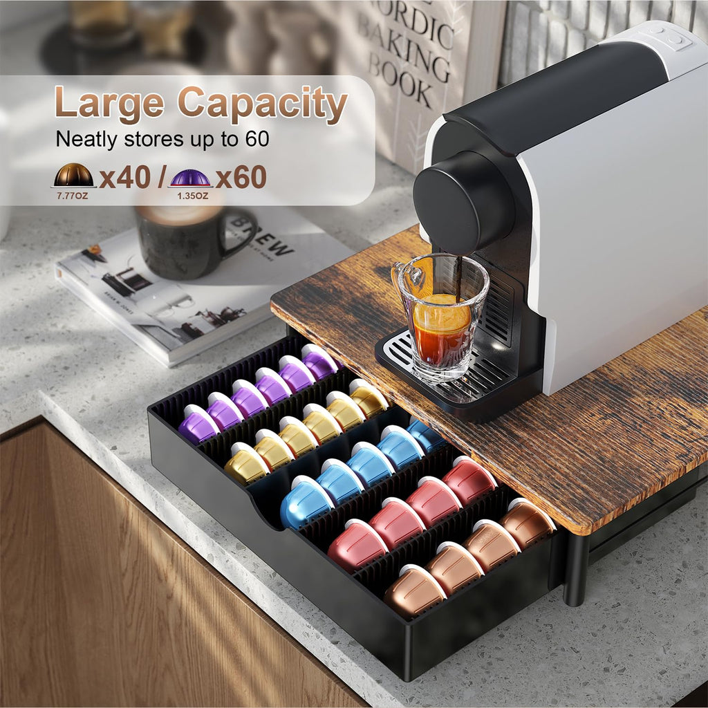 OUTIOE Coffee Pods Drawer Organizer Compatible with Nespresso Vertuo Pods Holds Up to 60 Small or 40 Large (Wood)
