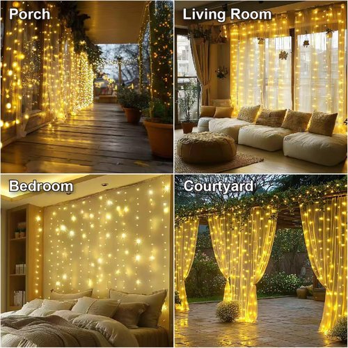 HXWEIYE 300LED Fairy Curtain Lights - 9.8x9.8Ft USB Plug-In with Remote | 8 Modes Warm White Indoor Decor