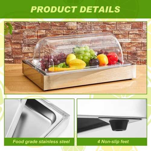 Uiifan Salad Bar Buffet Station for Home, Ice Food Serving Display Tray with Clear Roll Top Cover, Cold Food Buffet Server Trays with Clamps Spoons Ice Box for Restaurant Kitchen Party(Classic)
