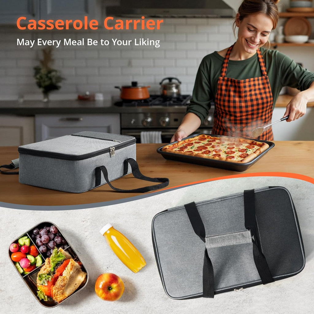 Skiennix Insulated Casserole Carrier - Versatile Lunch Tote for Hot or Cold Food | Fits 9"x13" Dish - Grey