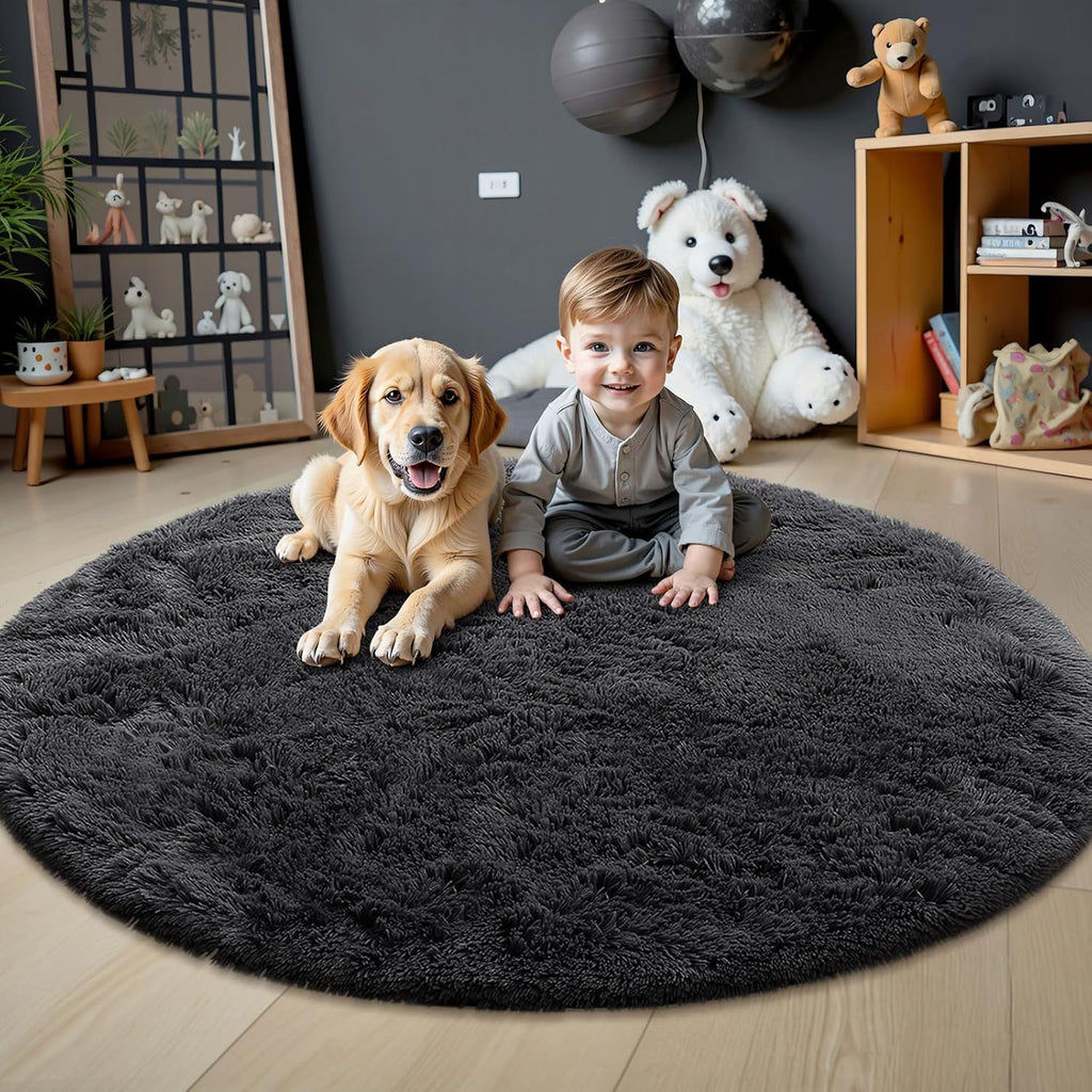OLANLY Black Round Area Rug - Soft & Fluffy 9 ft Machine Washable Carpet for Bedroom & Living Room Decor