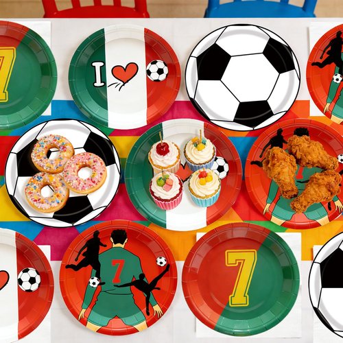 48 Pcs Soccer Paper Plates 7" Soccer Birthday Party Disposable Dessert Plates Supplies Green Red Sports Ball Plates Sport Party Dinnerware Decorations Tableware for Birthday Baby Shower Sporty Party