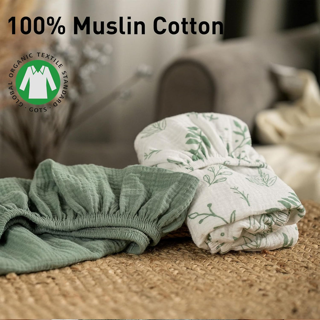 Skiennix Muslin Bassinet Fitted Sheets - Soft Cotton Baby Mattress Sheet Set, 360° Snug Fit, Universal Design (Bright Leaves)