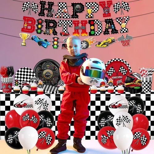 Race Car Birthday Party Decorations,185pcs Cars Birthday Decorations Plates and Napkins Cups Tablecloths,Cake Topper,Balloon for Racing birthday Decorations,Serves 24