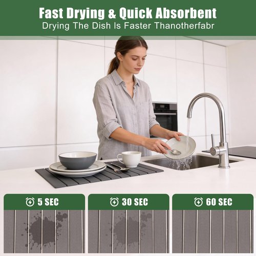 Large Stone Drying Mat for Kitchen Counter, 24"×16", Foldable Super Absorbent Stone Dish Drying Mat for Tableware, Bottles and Cups, Non Slip Diatomaceous drying matt kitchen counter (Dark Gray)