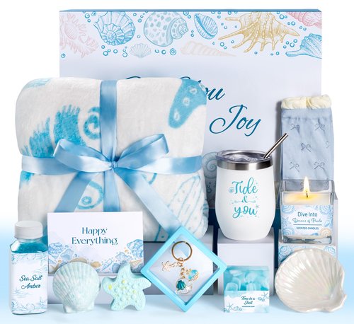 iFaveorr 12Pcs Birthday Gifts for Women, Get Well Soon Gift Baskets for Women, Relaxing Ocean Self Care Package W/Flannel Blanket, Valentines Day Gifts for Her Best Friend Wife Sister