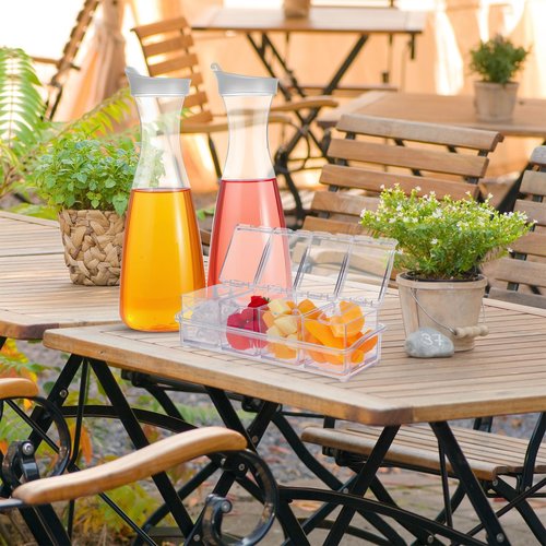 Honeydak 5 Pcs Mimosa Bar Supplies Include 4 Pcs 47oz Plastic Carafe with Lids Clear Round Juice Pitcher Containers 1 Seasoning Box with Lid and Spoon for Winter Spring Summer Party Serving (Clear)