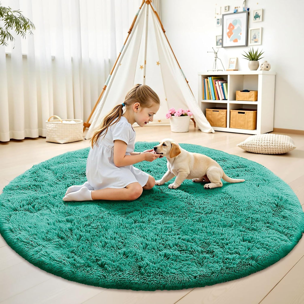 OLANLY Teal Green Round Area Rug - Soft, Fluffy, Machine Washable 8 ft Circle Carpet for Bedroom & Living Room