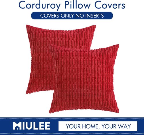 MIULEE Euro Sham Pillow Covers - Pack of 2 Red Corduroy, Soft Boho Striped 24x24 Inch Decor for Sofa & Bed