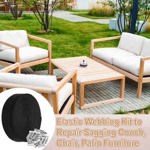 Threehoney 2 Inch Wide x 40 ft Chair Webbing Replacement Kit Upholstery Webbing Elastic Band to Repair Sagging Couch Chair Patio Furniture Metal Clips Patio Strap Repair Kit for Furniture(Black)