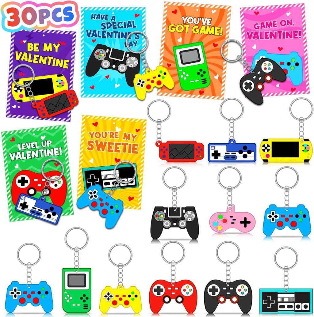Skiennix 30-Pack Valentine's Day Cards - Fun Video Game Keychains for Kids | Perfect Classroom Exchange Gifts