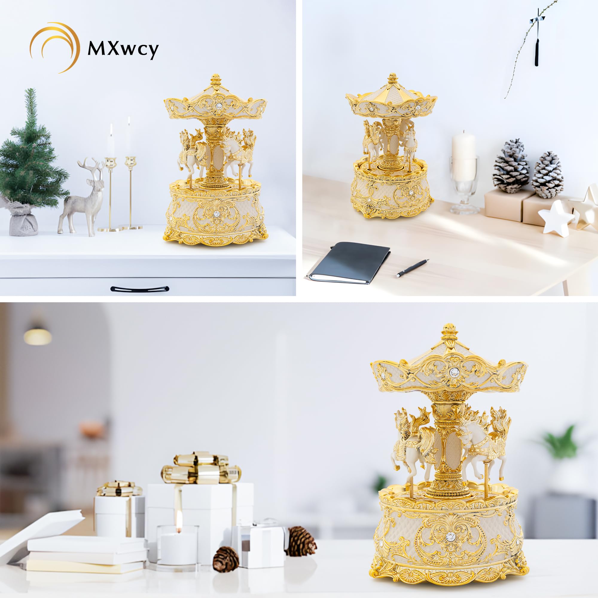 Carousel Music Box Gold & Ivory 8.7" Rotate Christmas Music Box for Kids & Adults, Classic Wind up Cylinder Music Box Valentines Day Gifts for Women Girls Mom Carousel Horse Musical Lantern Home Decor