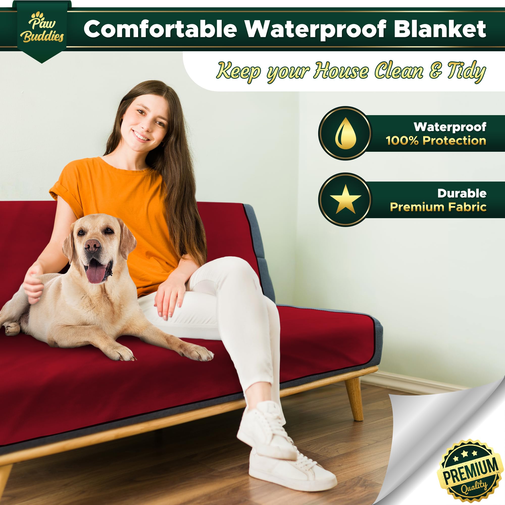 Paw Buddies Premium Waterproof Blanket 80"x90" Velvet-Feel Reversible Throw – Leakproof, Machine Washable Bed & Sofa King Size Protector for Couples, Pets & Travel + Bonus Small Blanket