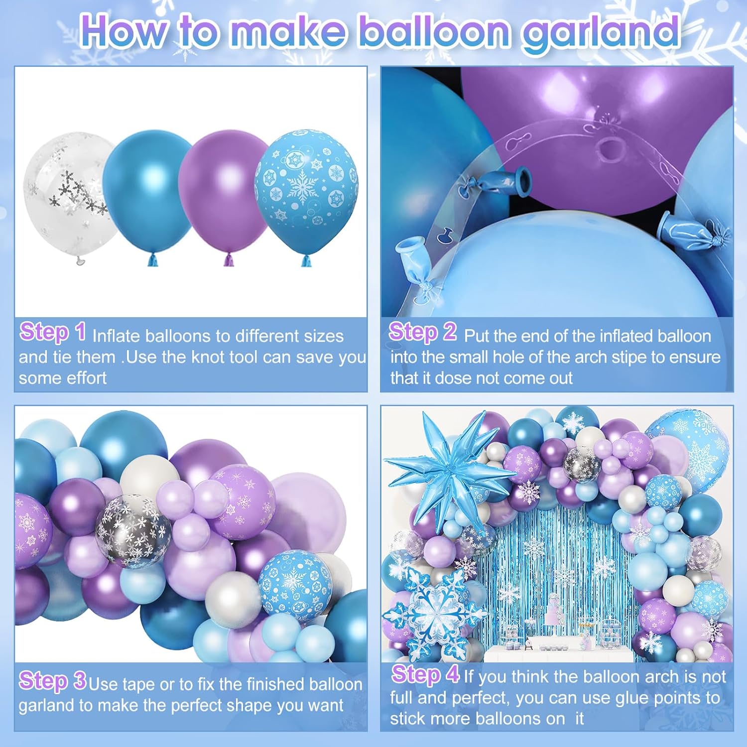 Amandir Snow Birthday Party Supplies - 162PCS Balloon Garland & Fringe Curtain | Blue & Purple Winter Wonderland Decor