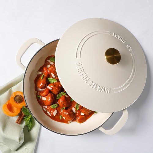 Martha Stewart Gatwick 3.5-Quart Enameled Cast Iron Dutch Oven Braiser - Linen with Gold Knob | Durable Heavy-Duty Pot for Slow Cooking & Searing
