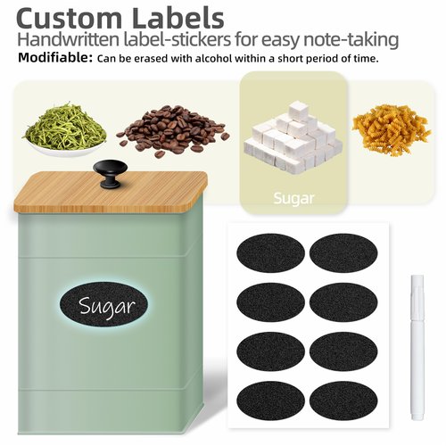 Canisters Sets for the Kitchen Set of 4, Metal Sugar Flour Coffee Storage Containers for Countertop with Airtight Lids, Customizable Chalkboard Labels & Marker Pen, Storage Jars Canisters - Sage Green