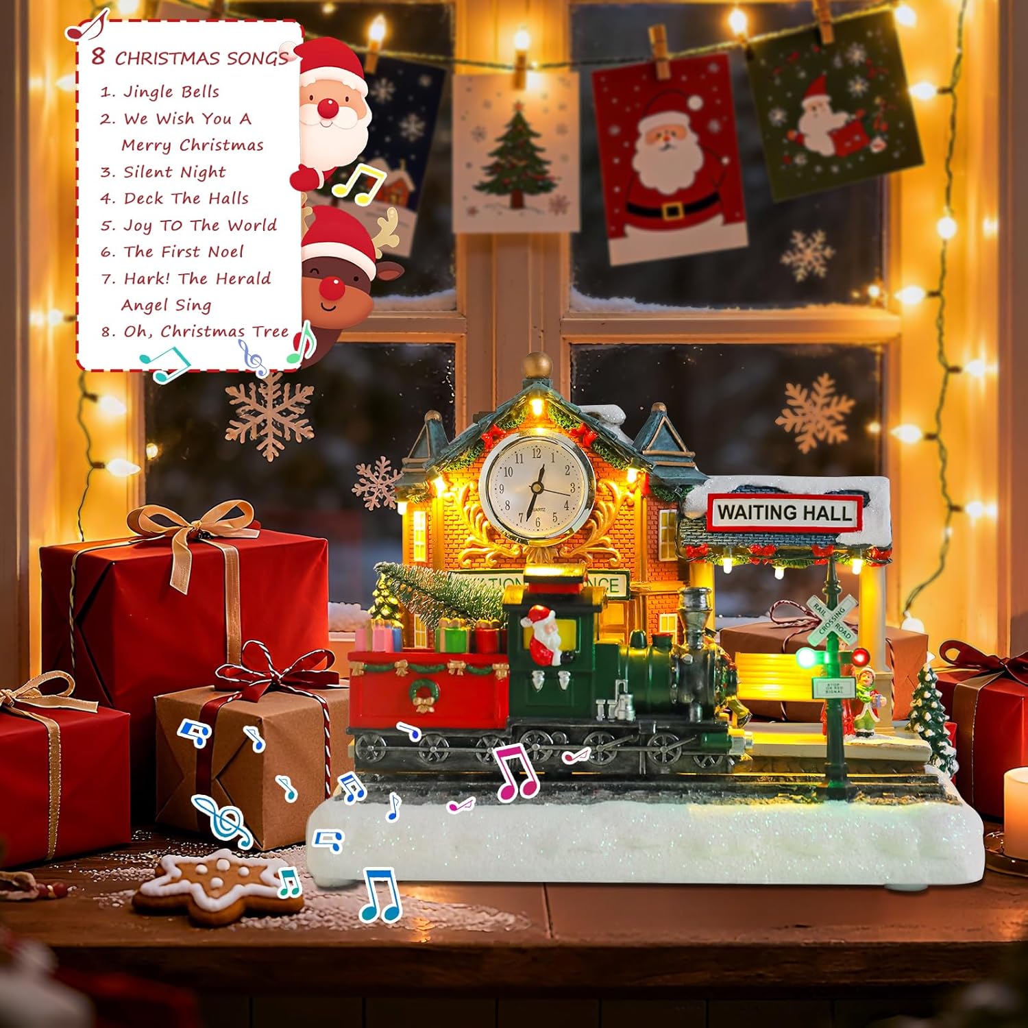 VCUTEKA Animated Christmas Village Train Station - Lighted Musical Santa Display for Holiday Décor