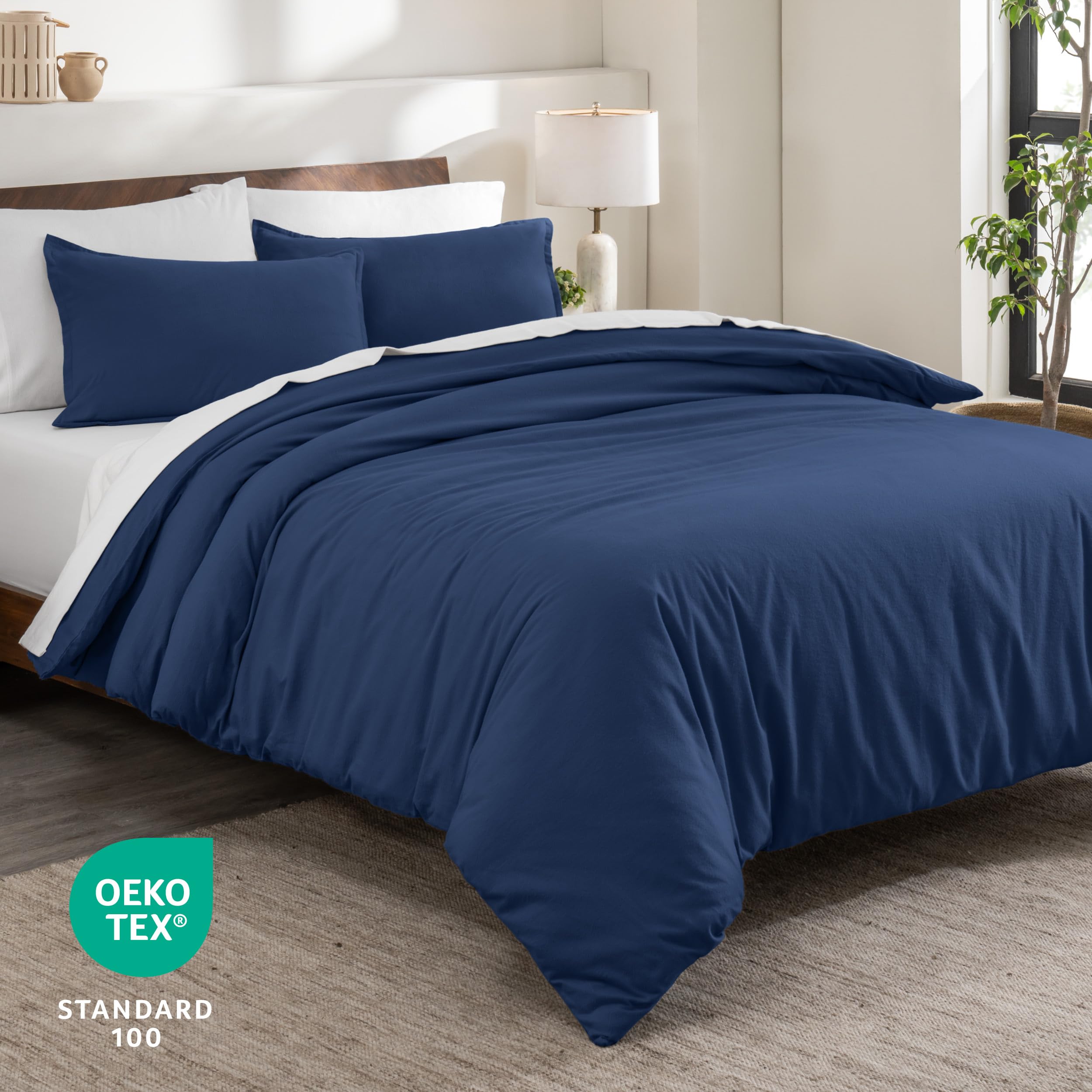 Bare Home Flannel Duvet Cover Set - Queen - 100% Cotton, Velvety Soft Heavyweight Premium Flannel, Double Brushed - Includes Sham Pillow Covers (Queen, Dark Blue)
