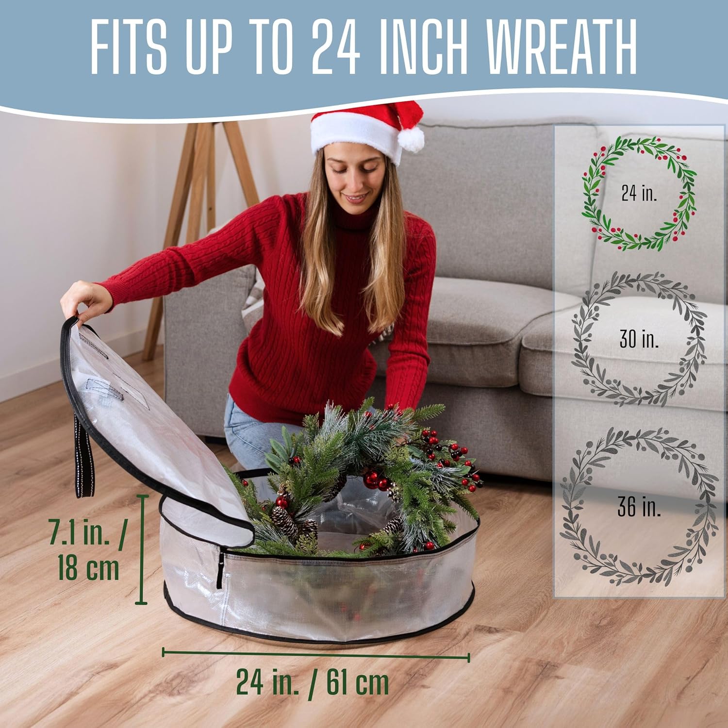 VENO Wreath Storage Container - 24 Inch Heavy-Duty Clear Bag with Wall Hanging Handles | 2 Pack