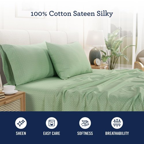 Izod Sateen Silky 4Pc Queen Size Bed Sheet Set, Deep Pockets–fits Upto 17",Smooth & Buttery Feel,Long-Staple Soft Combed 100% Cotton Bed Sheet, Hotel Luxury Bedding Sheets & Pillowcases-Green Mosaic