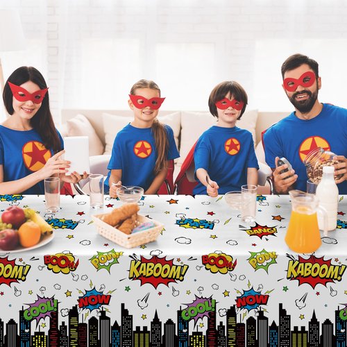 3Pcs Hero Themed Birthday Party Tablecloths Decorations,White Cityscape Super Bang Plastic Table Cover Disposable Rectangle Table Cloth for Baby Shower Kids Boys Birthday Party Supplies,54x108 Inch