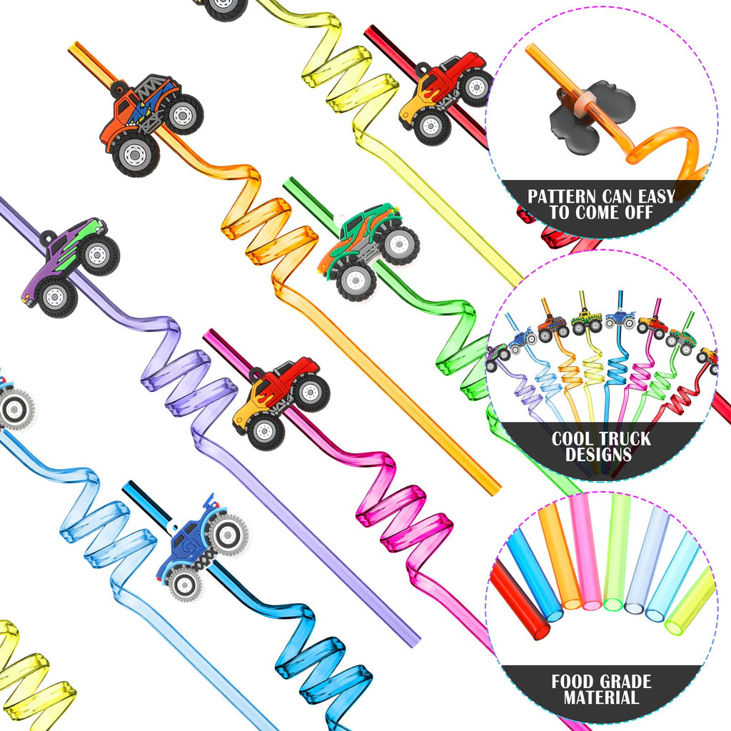 Skyley 24 Pcs Truck Straws Crazy Reusable Twisty crazy straws for Kids Boys Car Birthday Party Favors Supplies, 6 Styles