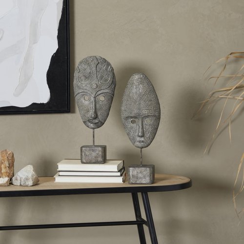 Deco 79 Polystone Mask Handmade Decorative Sculpture Carved Home Decor Statues, Set of 2 Accent Figurines 5"W, 15"H, Gray