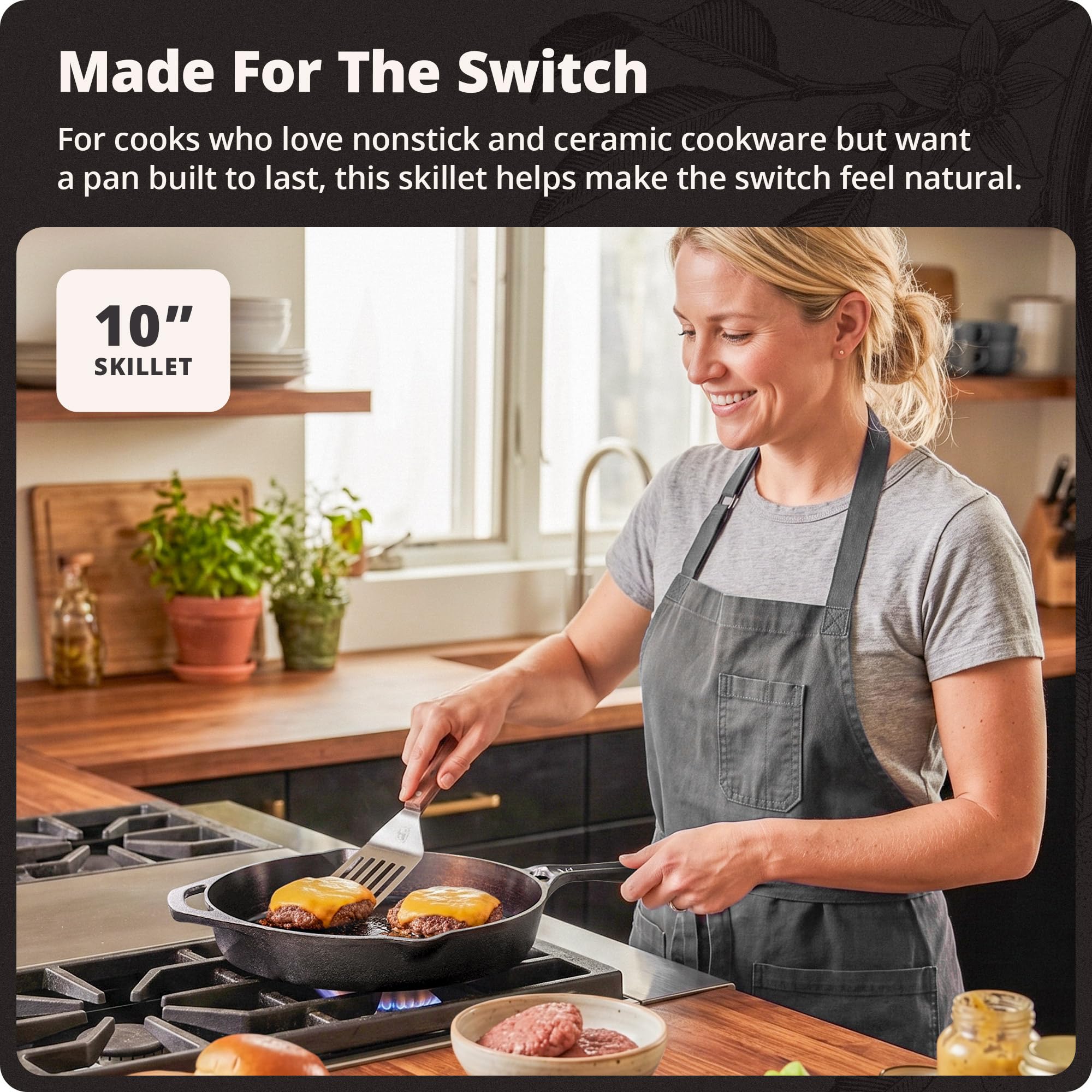 Greater Goods 10" Cast Iron Skillet, Smooth Surface, Nonstick-Like Release