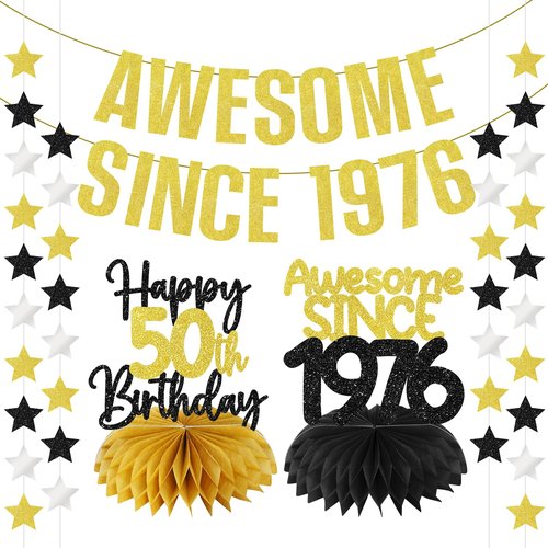Zirtorei 50th Birthday Decorations Awesome Since 1976 Banner for Men Women, 4Pcs Black Gold 50 Birthday Hanging Sign Party Supplies, Fifty Year Old Bday Table Honeycomb Centerpieces