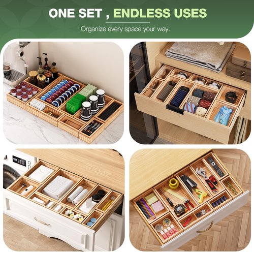 9-Pack Solid Wood Drawer Organizer, Modular Junk Drawer Organizer with Non-Slip Pad, Multi-Use Storage for Kitchen Office Bedroom Dresser for Utensil Stationery Makeup Stationery Tea & Coffee Pod