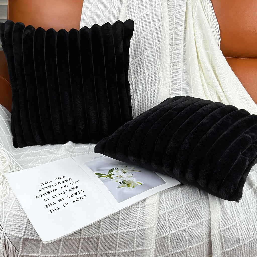 24x24 Throw Pillow Covers Set of 2, Decorative Faux Fur Covers for Bed, Couch Soft Fluffy Pillow Cover with Velvet Back for Living Room, Neutral Home Décor Accent for Sofa - Black