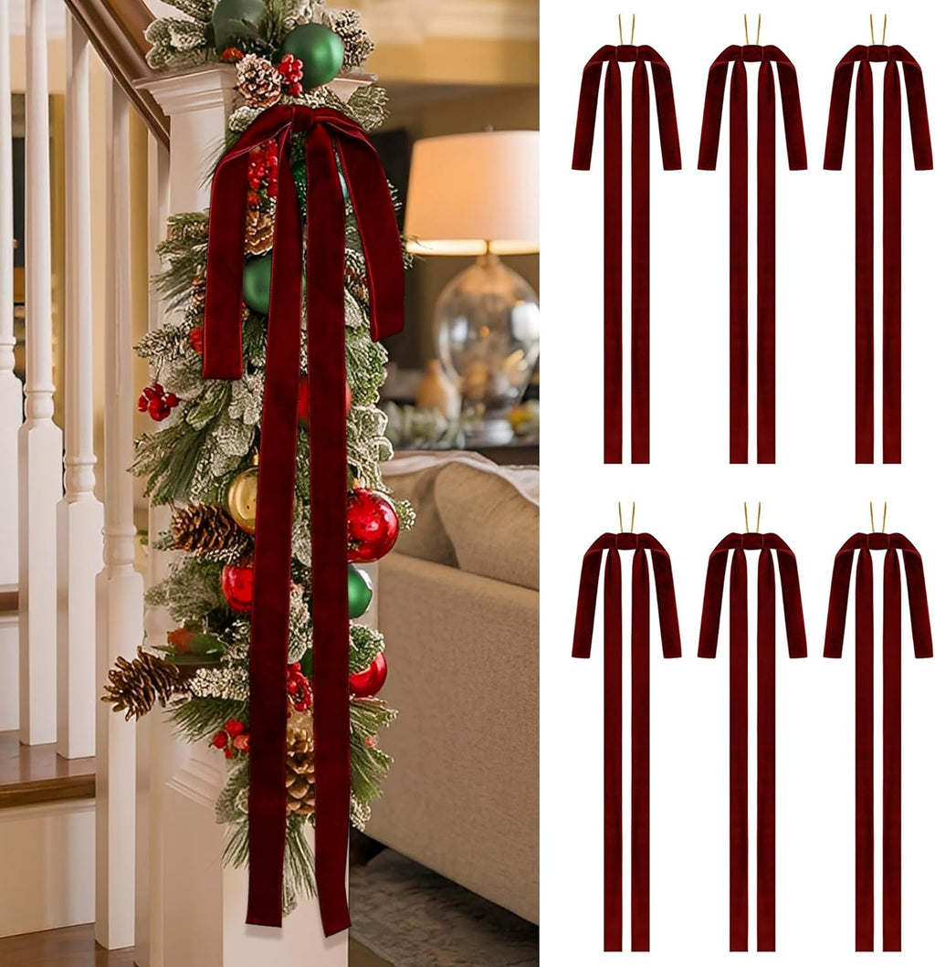 SIMISI Ribbon Burgundy Velvet Bows - Elegant Ornaments for Christmas Tree & Decor | 15x24 Inch, 6 Pieces
