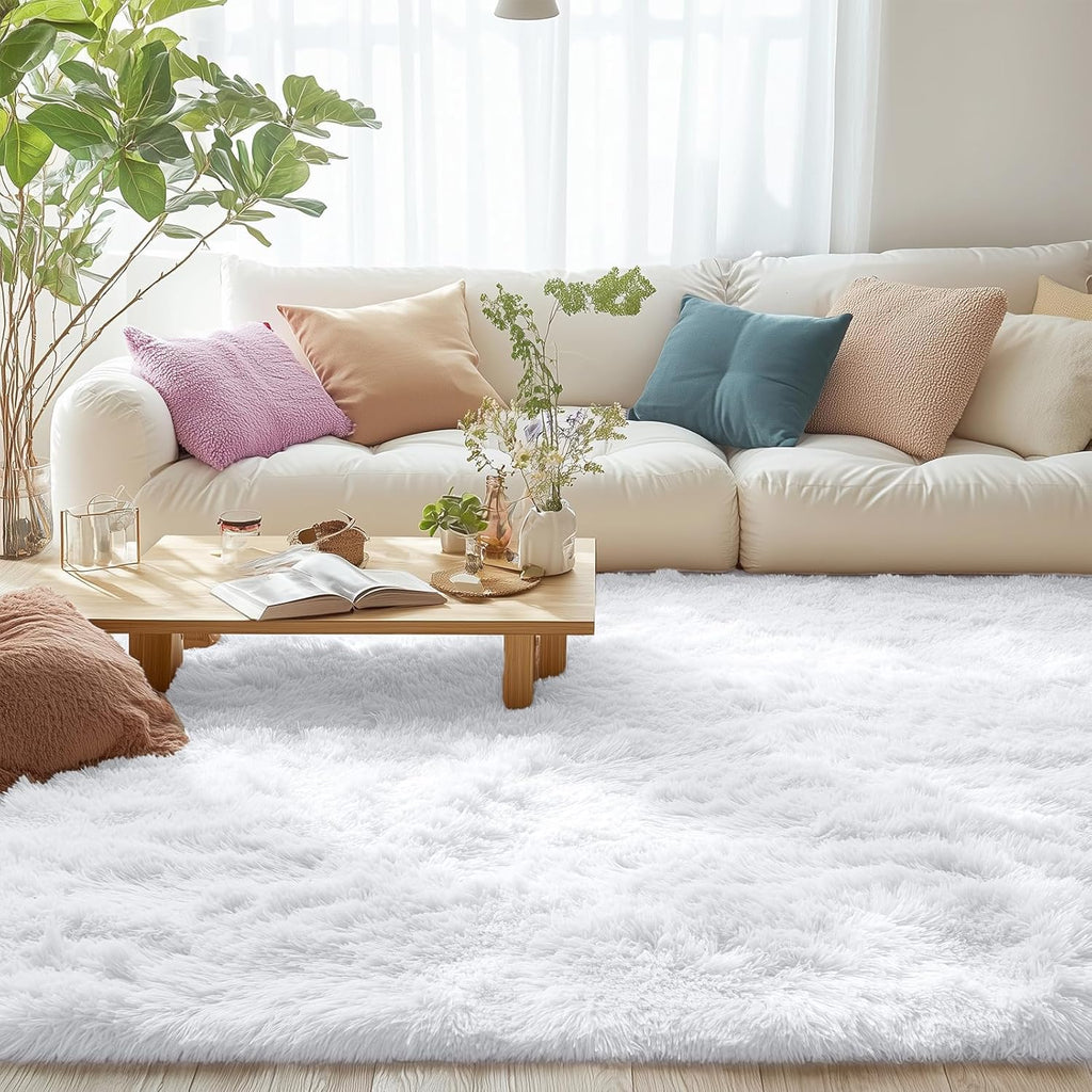 OLANLY Large Area Rug - Soft Fluffy Shaggy Carpet for Living Room & Bedroom | 7x12 ft, White