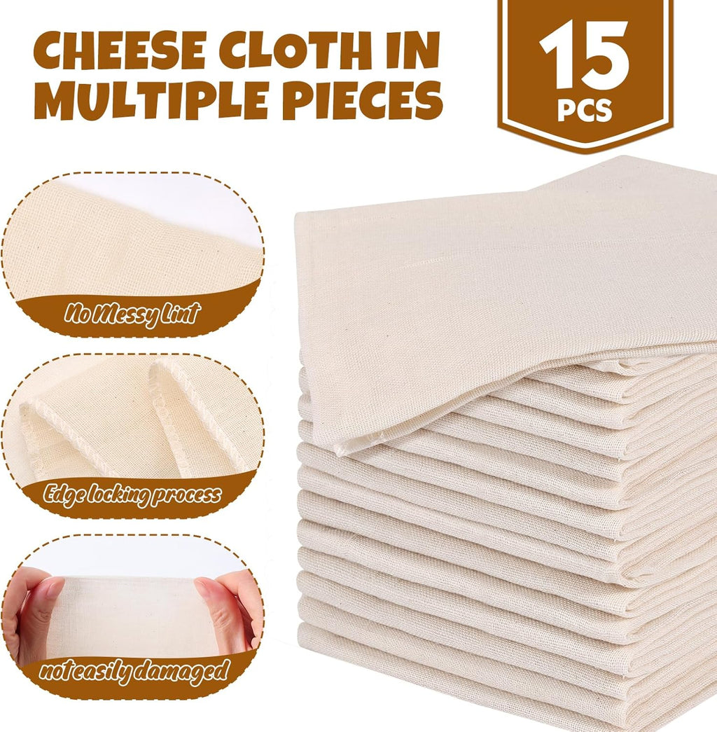Skiennix Cheese Cloths - 15 PCS Organic Cotton Straining Cloths, 20x20 Inch, Reusable & Hemmed Edge